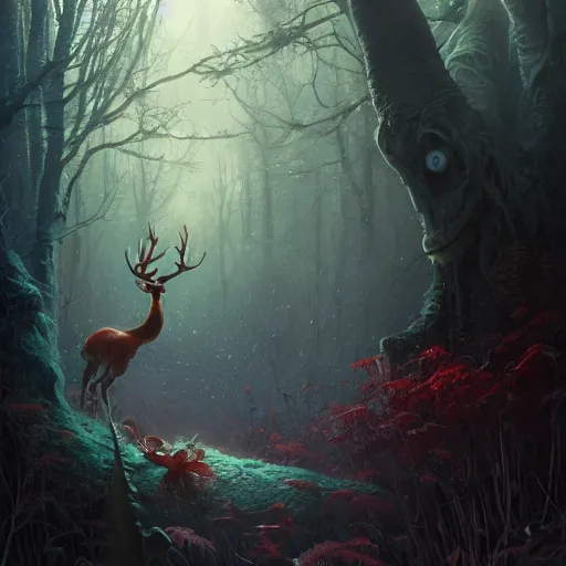 Image similar to highly detailed creepy forest creature with antlers, stephen bliss, unreal engine, fantasy art by greg rutkowski, loish, rhads, ferdinand knab, makoto shinkai and lois van baarle, ilya kuvshinov, rossdraws, tom bagshaw, global illumination, radiant light, detailed and intricate environment