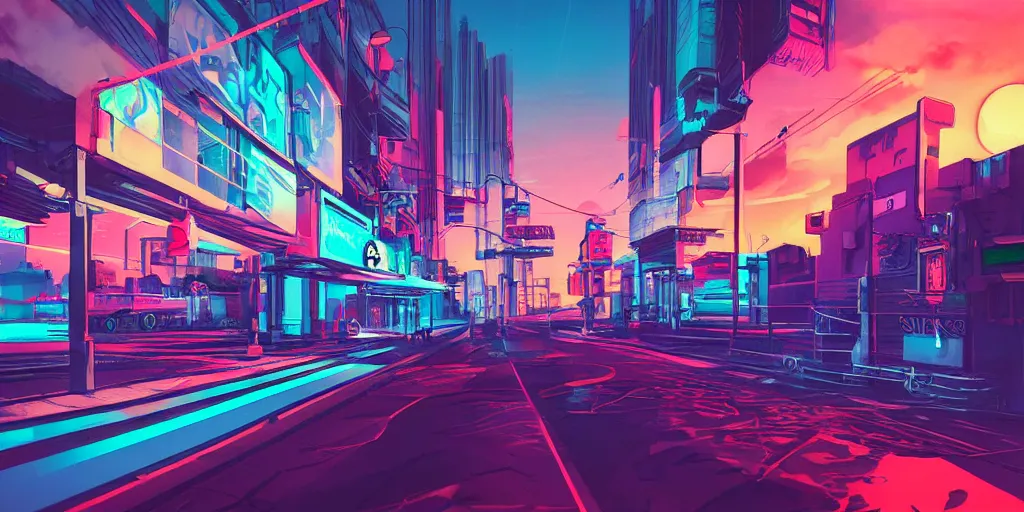 Image similar to street scene neon futuristic cyberpunk vaporwave tron glow sunset clouds sky illustration concept art