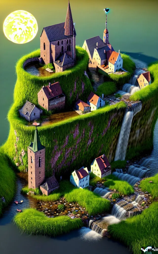 Prompt: Gediminas Pranckevicius, Very nitid scene close view of miniature village with river, small waterfall, chimney, church, bakery, sallon, with stunning 3d render + dim volumetric lighting, 8k octane beautifully detailed render, post-processing, extremely hyperdetailed, intricate, , ray of sunlight, detailed painterly digital art style by WLOP and , 8k octane beautifully detailed render, post-processing, extremely hyperdetailed, intricate, epic composition, sparkling atmosphere, cinematic lighting + masterpiece, trending on artstation, very detailed, vibrant colors, hyperrealistic, smooth, sharp focus, lifelike, cinematic lighting, art by artgerm and greg rutkowski and alphonse mucha diffuse lighting, fantasy, intricate, elegant, highly detailed, a painting of a house on a hill, a detailed matte painting by Jacek Yerka, cg society contest winner, naive art, storybook illustration, 2d game art, matte background