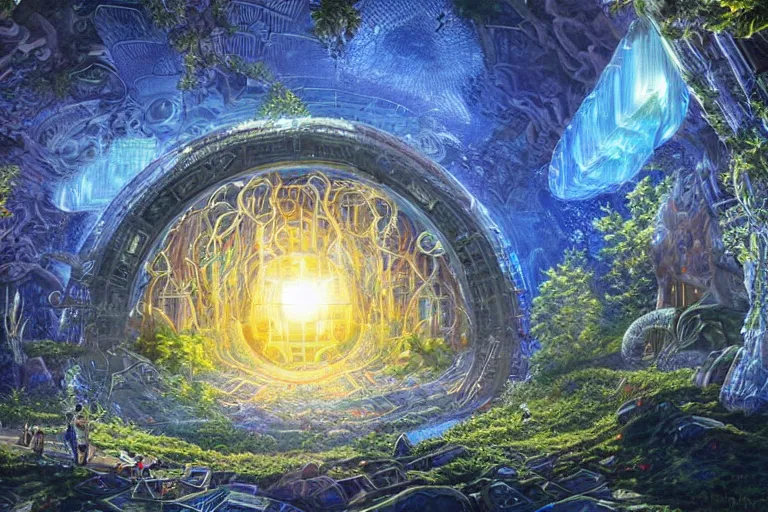 Prompt: neo - atlantean cyber monastery at the core of the hollow earth, giant glowing crystals, hyper detailed surreal sunny outdoor landscape