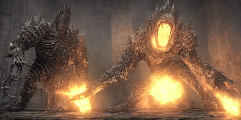 Prompt: minion as a darksouls boss, horror, hd, screenshot,