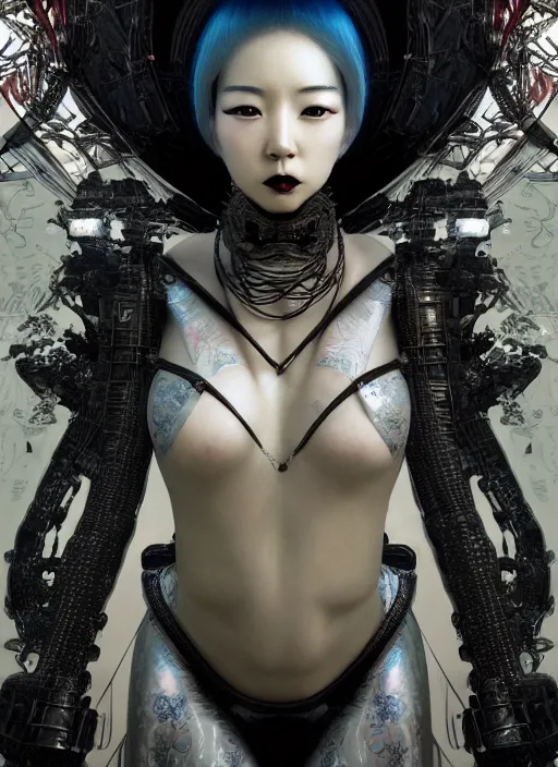 Image similar to portrait of a futuristic korean latex goth girl cyborg, modern fine art, fractal, intricate ornaments, elegant, highly detailed, digital photography, subsurface scattering, by jheronimus bosch and greg rutkowski,