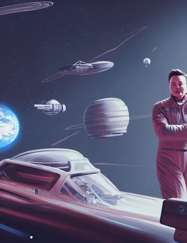 Image similar to a beautiful illustration of elon musk in a retro sci - fi space station, trending on artstation, digital art, 4 k resolution, detailed, high quality, sharp focus, hq artwork, coherent, insane detail, character portrait