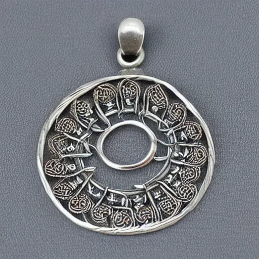 Image similar to Silver embroidered baldurs-gates amulet, realistic, clean,