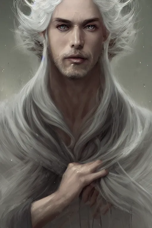 Prompt: white haired robe fu xi full male front body portrait, very long white beard and hair, long hair shawl, fine kindness delicate prefect face features gaze, piercing eye, elegant, style of tom bagshaw, cedric peyravernay, peter mohrbacher, victo nga, 4 k hd illustrative wallpaper, animation style, chinese style