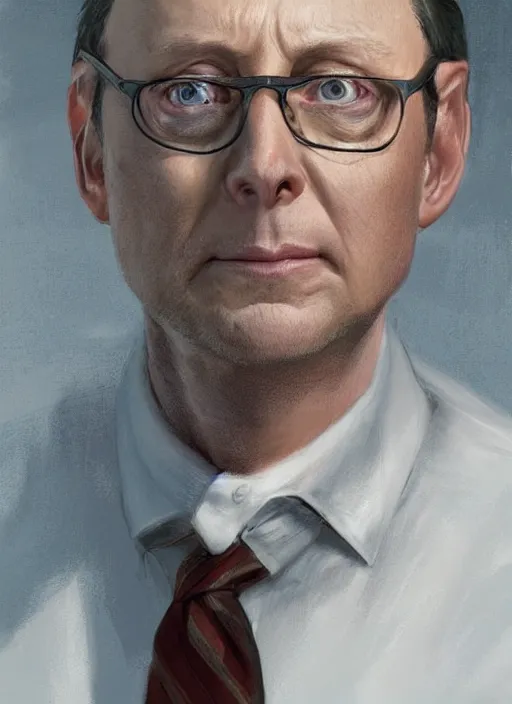 Image similar to portrait of michael emerson as leland in evil ( 2 0 1 9 ), highly detailed, centered, solid color background, digital painting, artstation, concept art, smooth, sharp focus, illustration, artgerm, donato giancola, joseph christian leyendecker, les edwards, ed repka, wlop