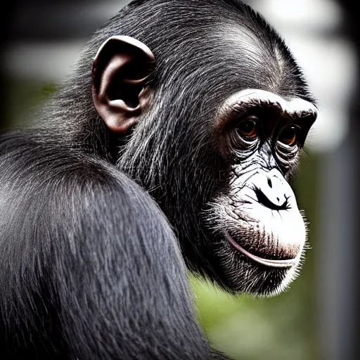 Image similar to a high detail closeup photograph of a chimpanze wearing a suit 👔, award wining photograph, digital art