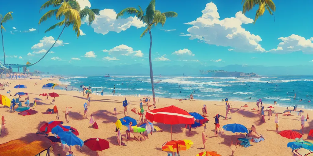 Prompt: a film still of a sunny, windy and colourful beach scene in santa monica, los angelos, narrow shot, low depth of field, wes anderson, studio ghibli, pixar and disney animation, sharp, rendered in unreal engine 5, anime key art by greg rutkowski, bloom, dramatic lighting