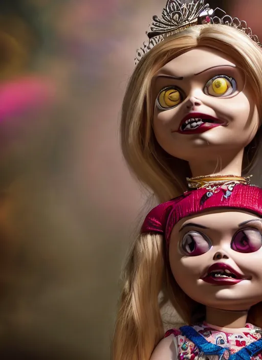 Image similar to closeup face profile portrait of a tin toy greta thunberg as the bride of chucky as a fairytale princess wearing a crown, bikini, depth of field, zeiss lens, detailed, fashion photoshoot, by nicoletta ceccoli, mark ryden, lostfish, breathtaking, 8 k resolution, extremely detailed, beautiful, establishing shot, artistic, hyperrealistic, octane render