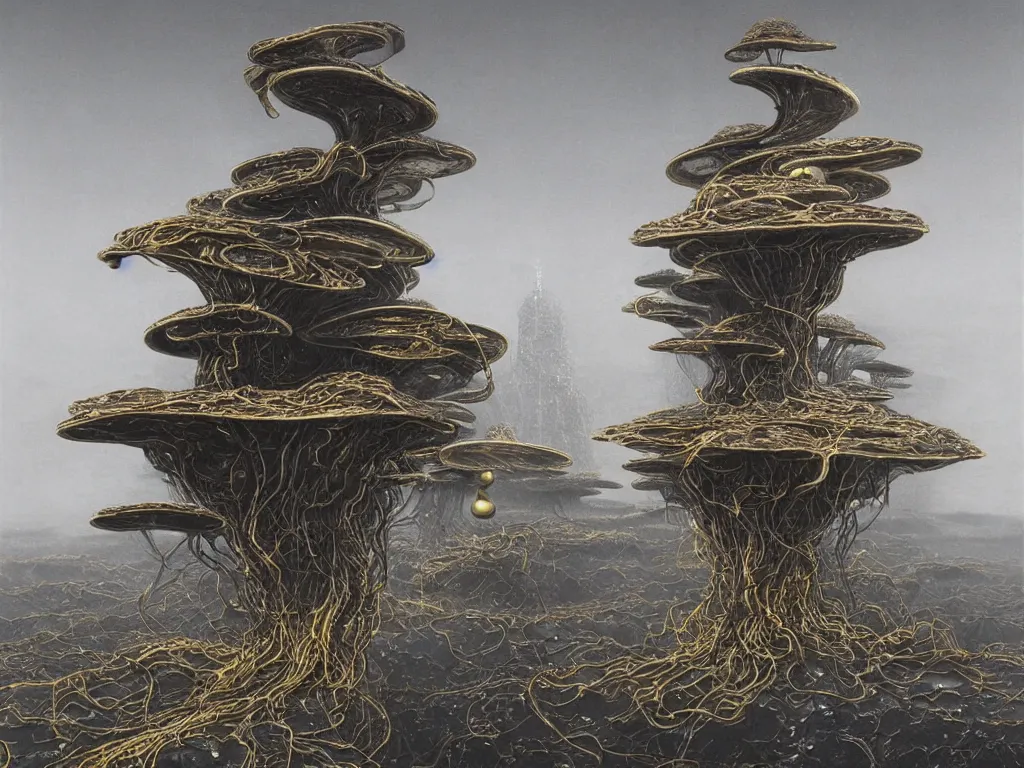 Prompt: A beautiful hyper realistic detailed painting electronic hybrid of two gigantic tall skyscaper sized quantum computers and an espresso machine on a vast black granite tarmac, cybernetic mushroom, gold and silver and brass, elite satisfying cable management, by Beksinski, beeple, unreal engine