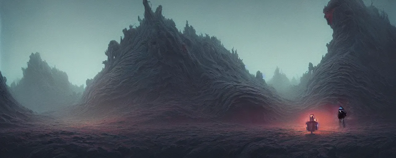 Prompt: ultra realist muted colors horror painting of a dimly lit alien landscape, very intricate details, focus, full frame image, high contrast, artwork by tooth wu and wlop and beeple and greg rutkowski, award winning