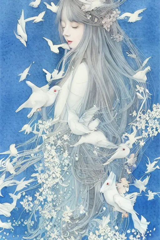 Prompt: a beautiful intricate watercolor illustration of a light blue hair girl with white birds, paper, 4 k, elagant, by miho hirano and edmund dulac, trending on artstation, artgerm, cgsociety, hyper detailed, muted intense colors