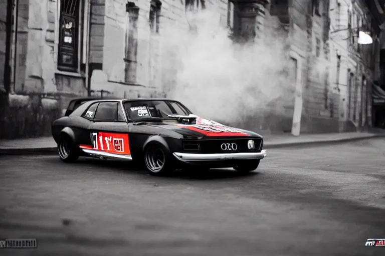 Prompt: audi camaro b 1 ( 1 9 6 9 ) drifting, need for speed : carbon, at night, neon lines, lviv historic centre, ultra phonk, phonk music background, smoke behind wheels, noise, dark, establishing shot