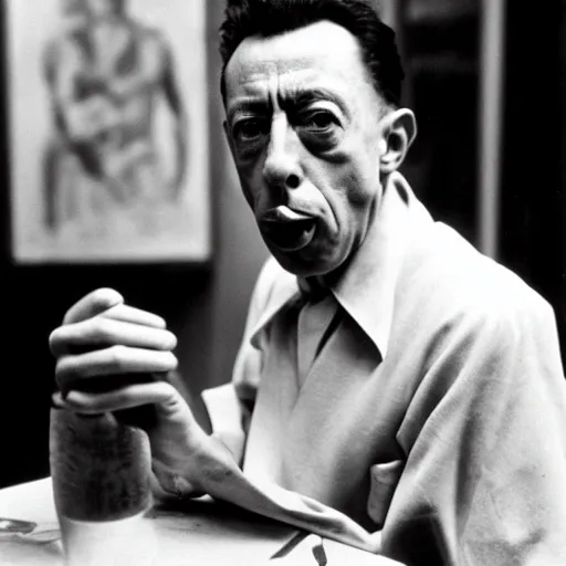 Prompt: 8k black and white photograph portrait of Albert Camus sticking his tongue out. National Geographic.