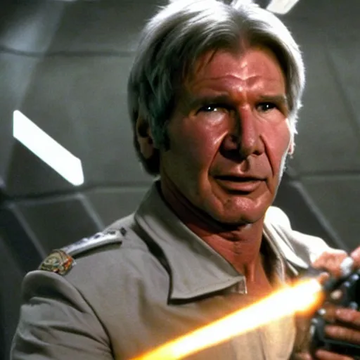 Image similar to A still of Harrison Ford as Commander Adama in Battlestar Galactica (2003), firing at a Cylon