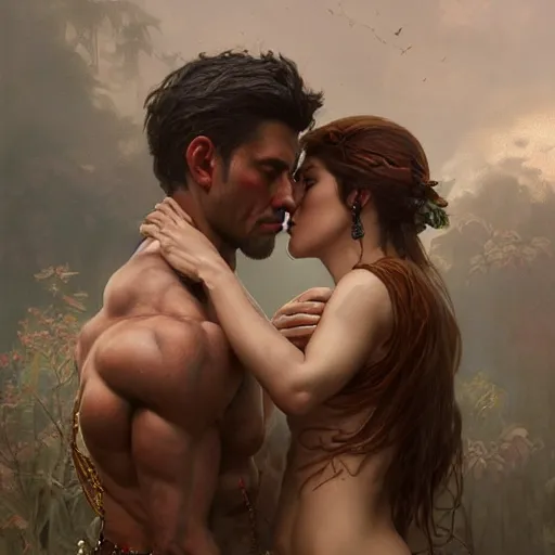 Image similar to portrait painting of dark muscular begali couple kissing, ultra realistic, concept art, intricate details, eerie, highly detailed, photorealistic, octane render, 8 k, unreal engine. art by artgerm and greg rutkowski and alphonse mucha