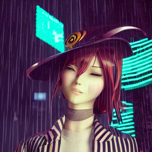 Prompt: stylish anime woman made out of rain, pinstripe suit, top hat, cyberpunk background, rendered in octane, unreal engine, raining, highly detailed, trending on artstation, realistic, neon