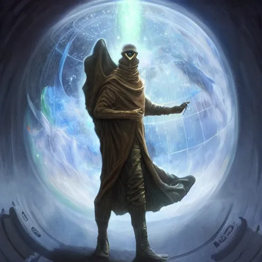 Image similar to masked nomad male wearing a cloak on an alien world and holding a holographic planet projection in his hand, detailed, sci - fi, digital painting, artstation, sharp focus, illustration, ominous, artgerm, tomasz alen kopera, peter mohrbacher, donato giancola, joseph christian leyendecker, wlop, frank frazetta