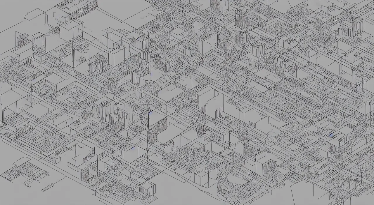 Image similar to exploded axon schematic drawinf of a typical city block, in vector drawing style of peter eisenman