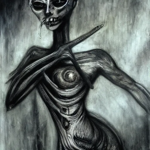 Prompt: a demon ballerina leaving a trail of smoke by h. r. giger