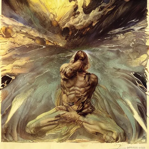 Prompt: tears stream down the face of a man with light brown hair and green eyes. He clutches the ground in agony. By Ayami Kojima, Frank Frazetta, and Anna Dittmann. Masterpiece. Rule of thirds.