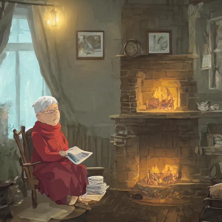 Image similar to An old lady is sitting in front of a fireplace in the living room while she reads a newspaper. Her house seems warm and cozy despite it being cold outside. She wears a sweater with a scarf wrapped around her neck. digital art, studio ghibli, highly detailed, fantasy, natural lighting, trending on artstation