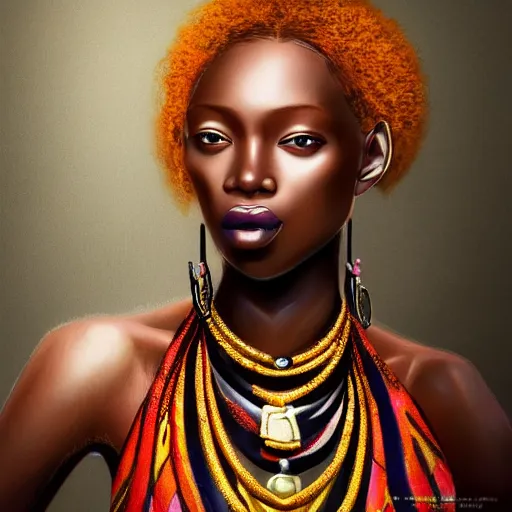 Image similar to A masterpiece portrait of a Incredibly beautiful African girl albino model with nose ring. With big bright rich African jewelry. In African royal gorgeous clothes. Vogue. trending on artstation, digital art, by Stanley Artgerm Lau, WLOP, Rossdraws, James Jean, Andrei Riabovitchev, Marc Simonetti, Yoshitaka Amano