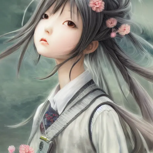 Image similar to dynamic composition, motion, ultra-detailed, incredibly detailed, a lot of details, amazing fine details and brush strokes, colorful and grayish palette, smooth, HD semirealistic anime CG concept art digital painting, watercolor oil painting of a Japanese schoolgirl, by a Chinese artist at ArtStation, by Huang Guangjian, Fenghua Zhong, Ruan Jia, Xin Jin and Wei Chang. Realistic artwork of a Chinese videogame, gradients, gentle an harmonic grayish colors.