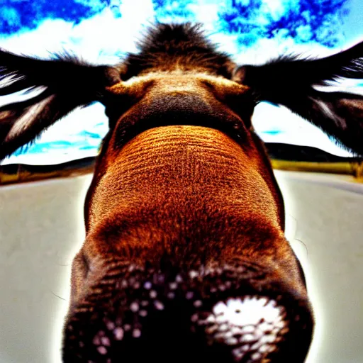 Prompt: close - up fisheye photo of a moose nose