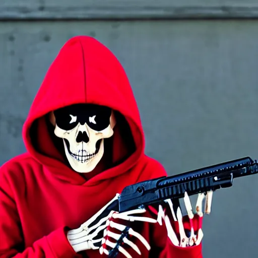 Prompt: a skeleton in a red hoodie with a rifle