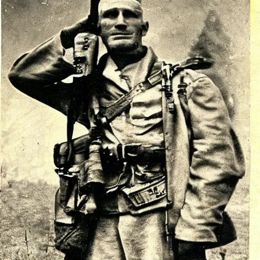 Prompt: giga chad as a soldier , historical photo