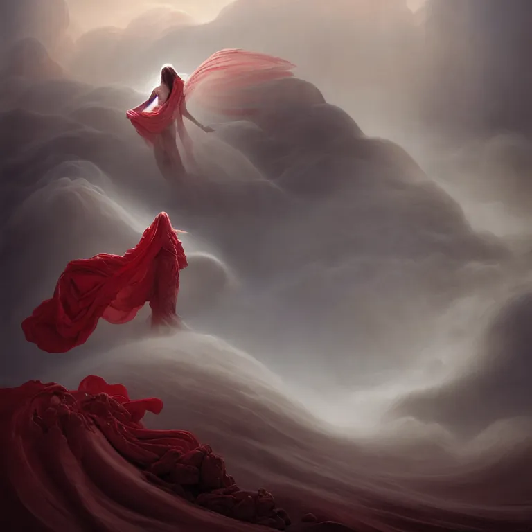 Prompt: a swirling otherworldly angelic figure shrouded in red robes and white mist emerges from an extensive colorful dune scape with a stairway of floating boulders, windswept, sand, rocks, sparse vegetation, distant cityscape, grey cloudy skies, distant ocean, contrejour lighting, high contrast, highly detailed, a matte painting by Peter Mohrbacher and Filip Hodas