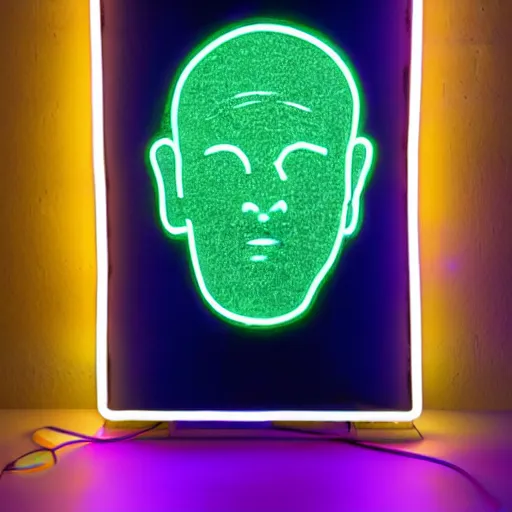 Prompt: a renaissance statue head inside a neon ring