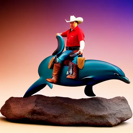 Image similar to john wayne riding a dolphin. action figure by hot toys. studio lighting.