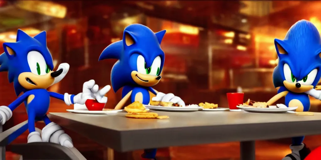 Prompt: A render of Sonic the Hedgehog sitting across from Shadow the Hedgehog at a restaurant, Sonic looks like he is shocked, Shadow is looking away in disgust, they both have hamburgers in front of them on a plate, movie, HDR, moody lighting, unique camera angle from the end of the table and between the two of them, candle lighting