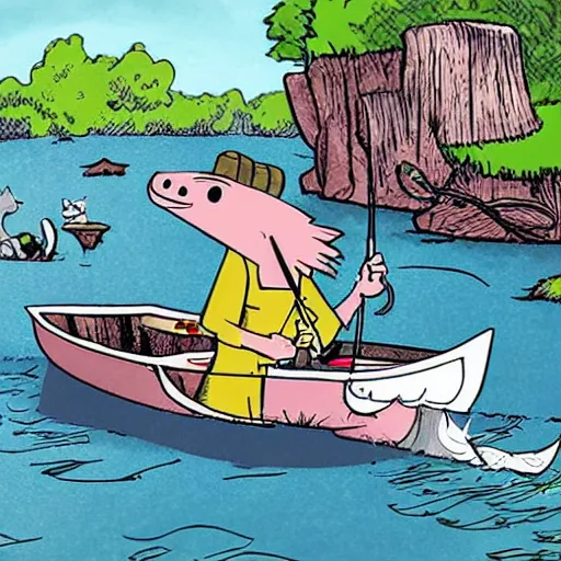 Image similar to cartoon cat fishing in a river while in a boat, cartoon network, illustrated by Bill Watterson in stunning color