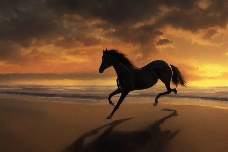 Image similar to a horse running on the beach at sunset by greg rutkowski