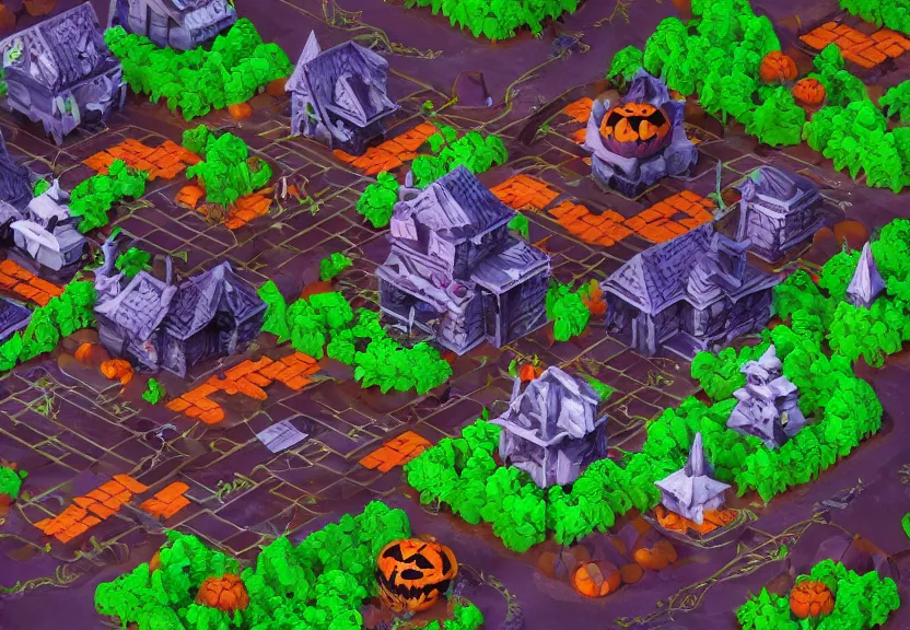 Prompt: evil forest halloween themed isometric game level, stylized, toon shader, arnold maya render