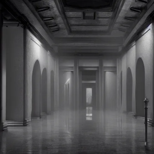 Image similar to A room full of vampires, high ceiling, soft light, ominous