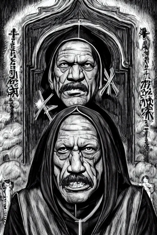 Image similar to Danny Trejo as church nun, dark fantasy, highly detailed, artstation, manga illustration by Kentaro Miura berserk