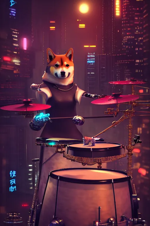 Image similar to high quality 3 d render very cute cyborg shiba inu plays drums, cyberpunk highly detailed, unreal engine cinematic smooth, in the style of blade runner & pixar, hannah yata charlie immer, moody light, low angle, uhd 8 k, sharp focus