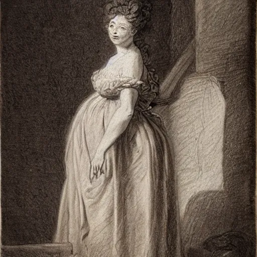 Image similar to Drawing of a woman, full body, clothed, François Boucher, red chalk, watteau