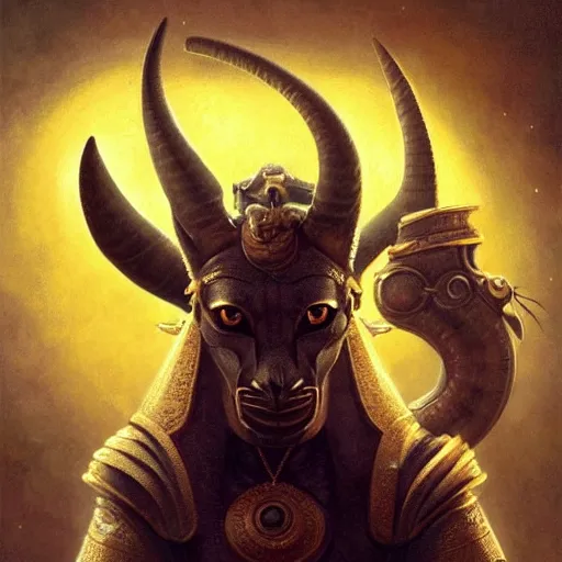 Prompt: breathtaking soft painting of angry anubis with a third eye in her forehead with an intricate retrofuturistic helmet in a golden sky, realistic symmetrical face features, rembrandt style, elegant, highly detailed, artstation, concept art, matte, sharp focus, art by tom bagshaw, and greg rutkowski