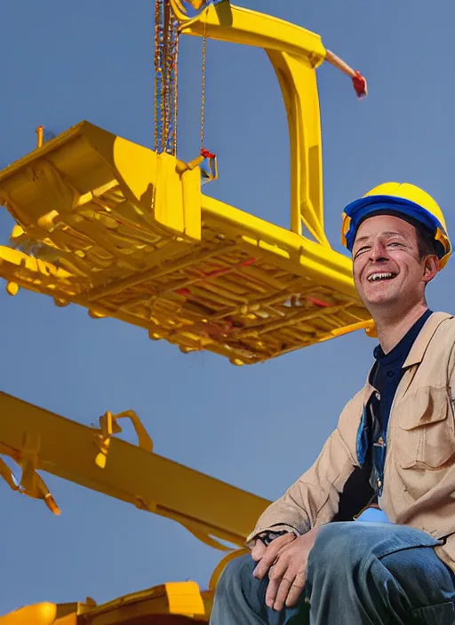 Prompt: closeup portrait of cheerful bryan operating a crane, sitting in a crane, yellow hardhat, sitting in a crane, natural light, bloom, detailed face, magazine, press, photo, steve mccurry, david lazar, canon, nikon, focus