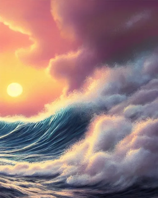 Prompt: sea with huge tsunami rolling waves, shore, sunset, hyper realistic, artstation, illustration, nicoletta ceccoli, mark ryden, lostfish, dan decarlo, bob clampett, max fleischer, digital paint, matte paint, vivid colors, detailed and intricate environment