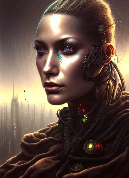 Prompt: closeup portrait shot of a cyberpunk female in a scenic dystopian environment, intricate, elegant, highly detailed, centered, digital painting, artstation, concept art, smooth, sharp focus, illustration, artgerm, tomasz alen kopera, peter mohrbacher, donato giancola, joseph christian leyendecker, wlop, boris vallejo