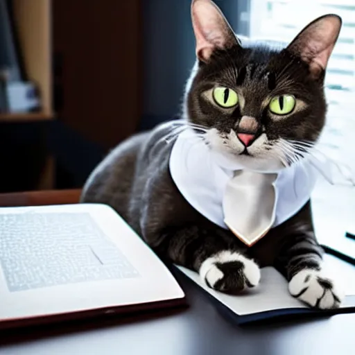 Image similar to a photo of a cat wearing a shirt and tie, sitting at a white desk with a book and a laptop on it