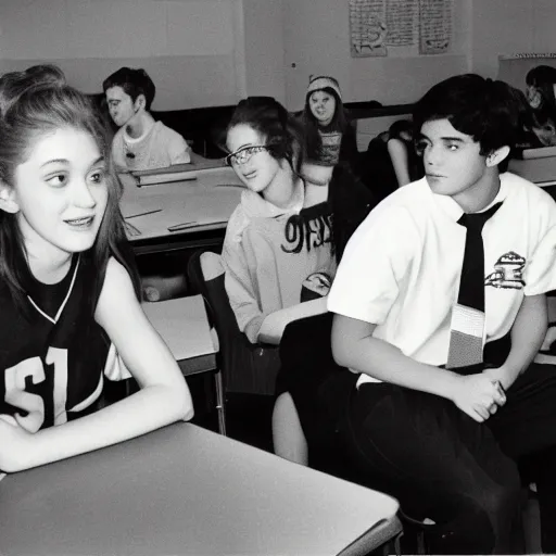 Prompt: candid photo of two high school students talking to each other in a classroom in 1 9 9 1, flash photography, grainy film, kodak 1 0 0 speed film