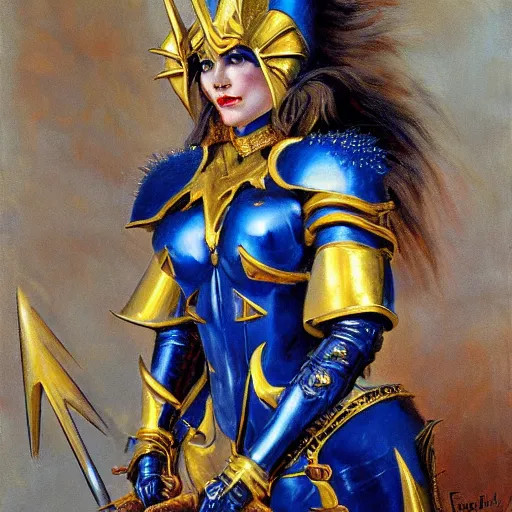 Prompt: painting of a woman in elaborate blue and gold armor with spiked horns on her helmet, painting by Frank Franzetta