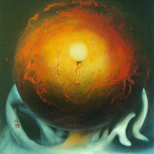 Image similar to a sphere being devoured by abstract splatters of paint in the style of francis bacon, venus being engulfed in flames in the style of james jean, surreal, beksinski, high detailed